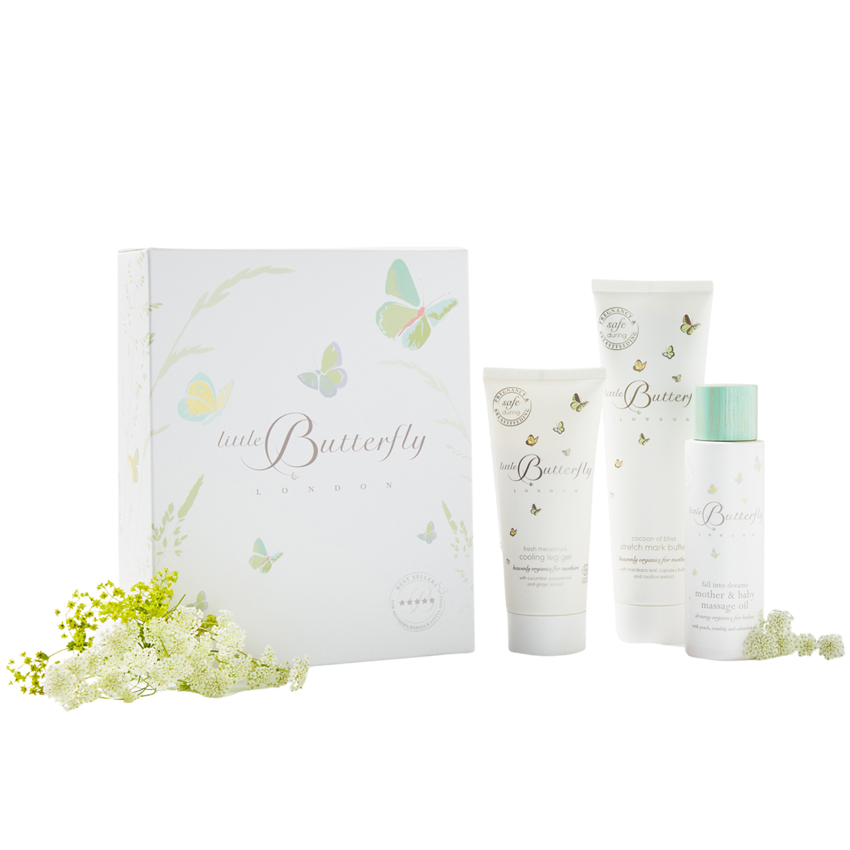 Little Butterfly London zestaw kosmetyków dla mamy: masło przeciw rozstępom, 150 ml + chłodzący żel do nóg, 100 ml + olejek do masażu, 100 ml
