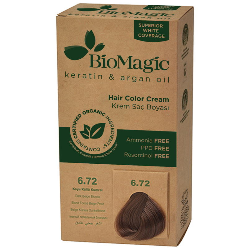 Biomagic Keratin&Argan oil farba do włosów ciemny beżowy blond 6.72, 250 g