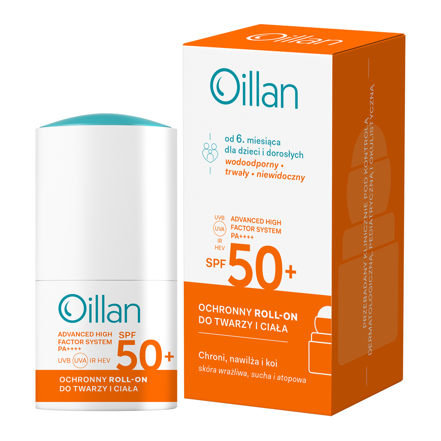 Oillan Sun ochronny roll-on przeciwsłoneczny z SPF50 do twarzy i ciała dla skóry wrażliwej, 50 ml