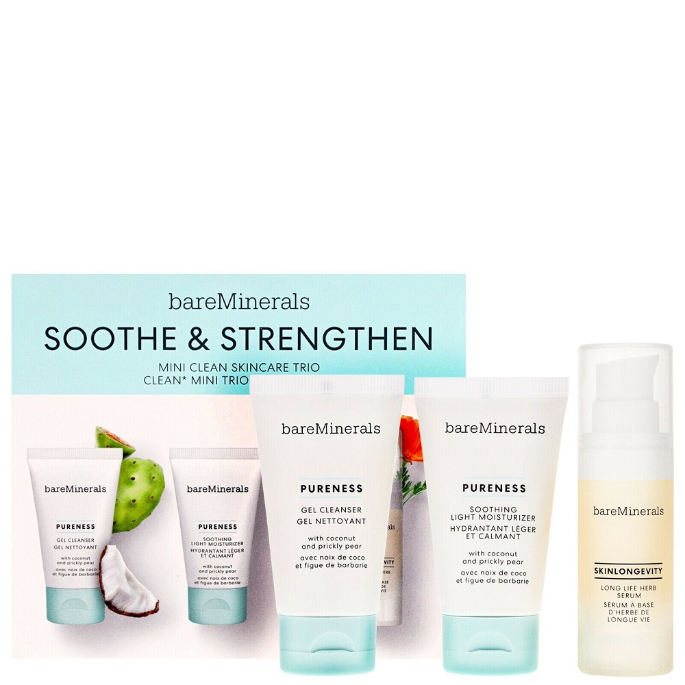 bareMinerals Soothe & Strengthen Mini Clean Skincare Trio zestaw: żel do mycia twarzy, 30 ml + lekki krem nawilżający, 30 g + ziołowe serum do twar...