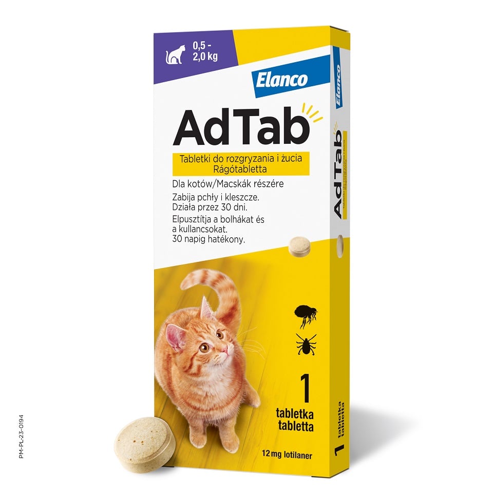 ELANCO AdTab 12 mg tabletka na kleszcze i pchły do rozgryzania i żucia dla kotów (0,5–2,0 kg)