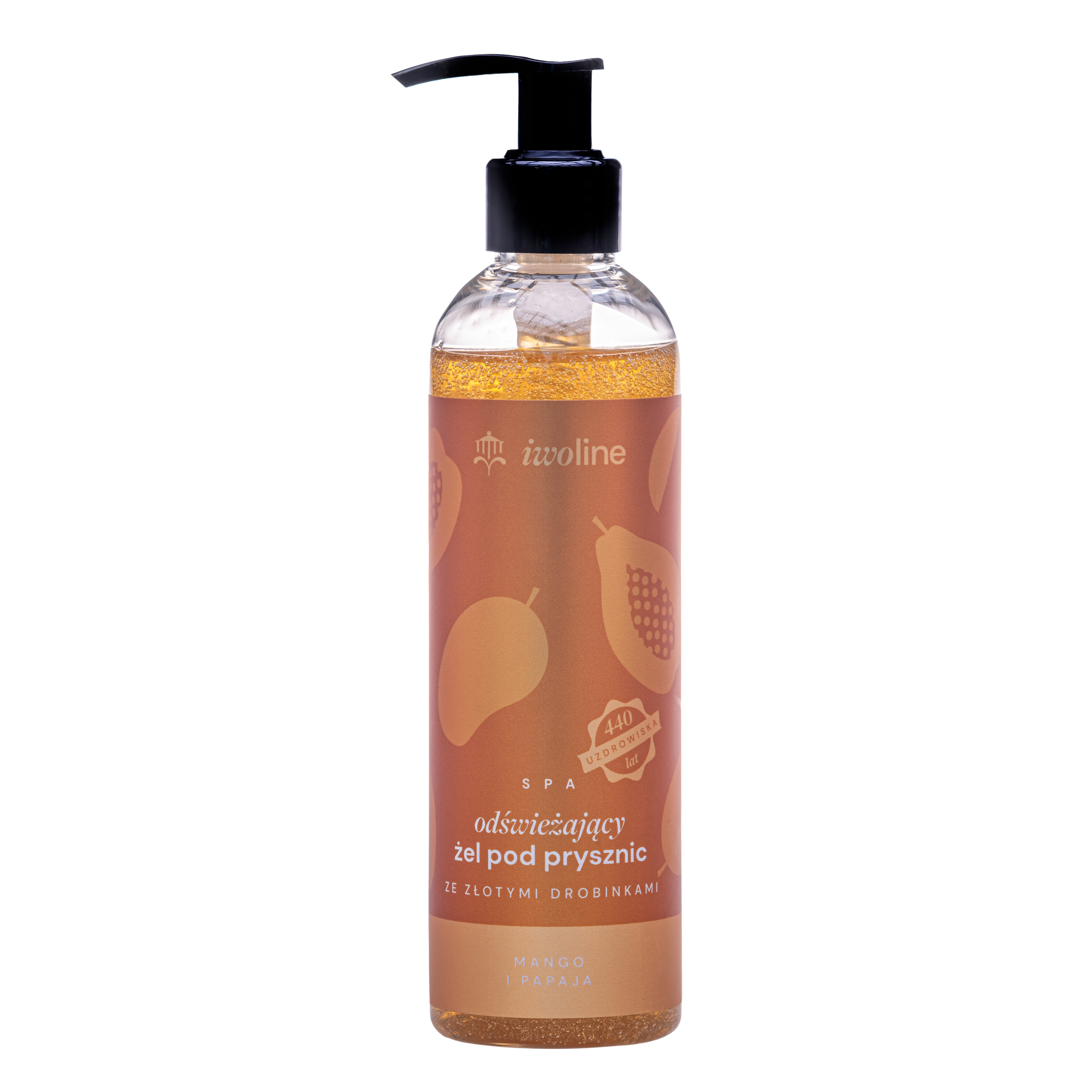 Iwoline odświeżający żel pod prysznic ze złotymi drobinkami mango i papaja, 250 ml