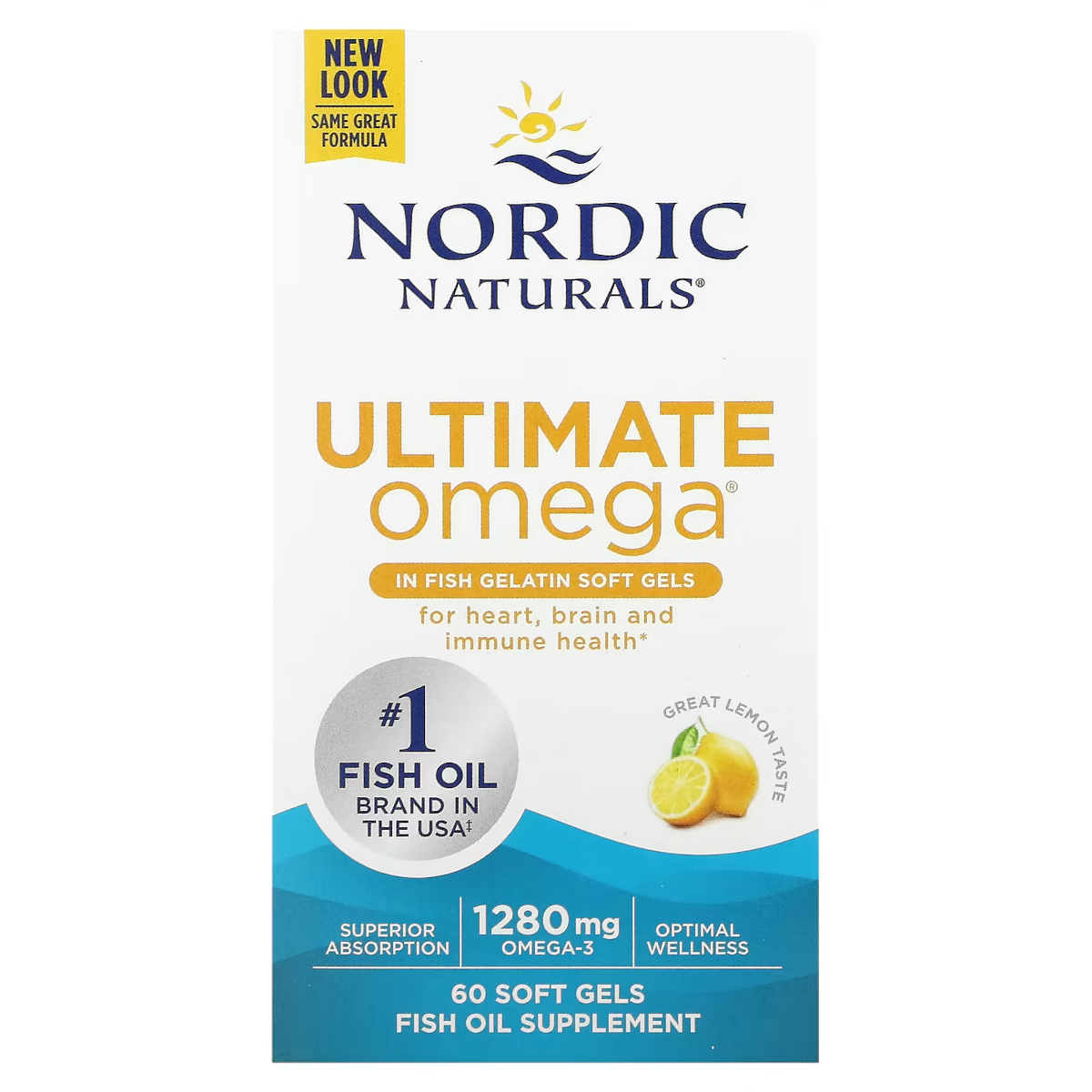 Nordic Naturals Ultimate Omega suplement diety w żelatynie rybiej, Omega 1280mg, smak cytrynowy, 60 kaps./1 opak.