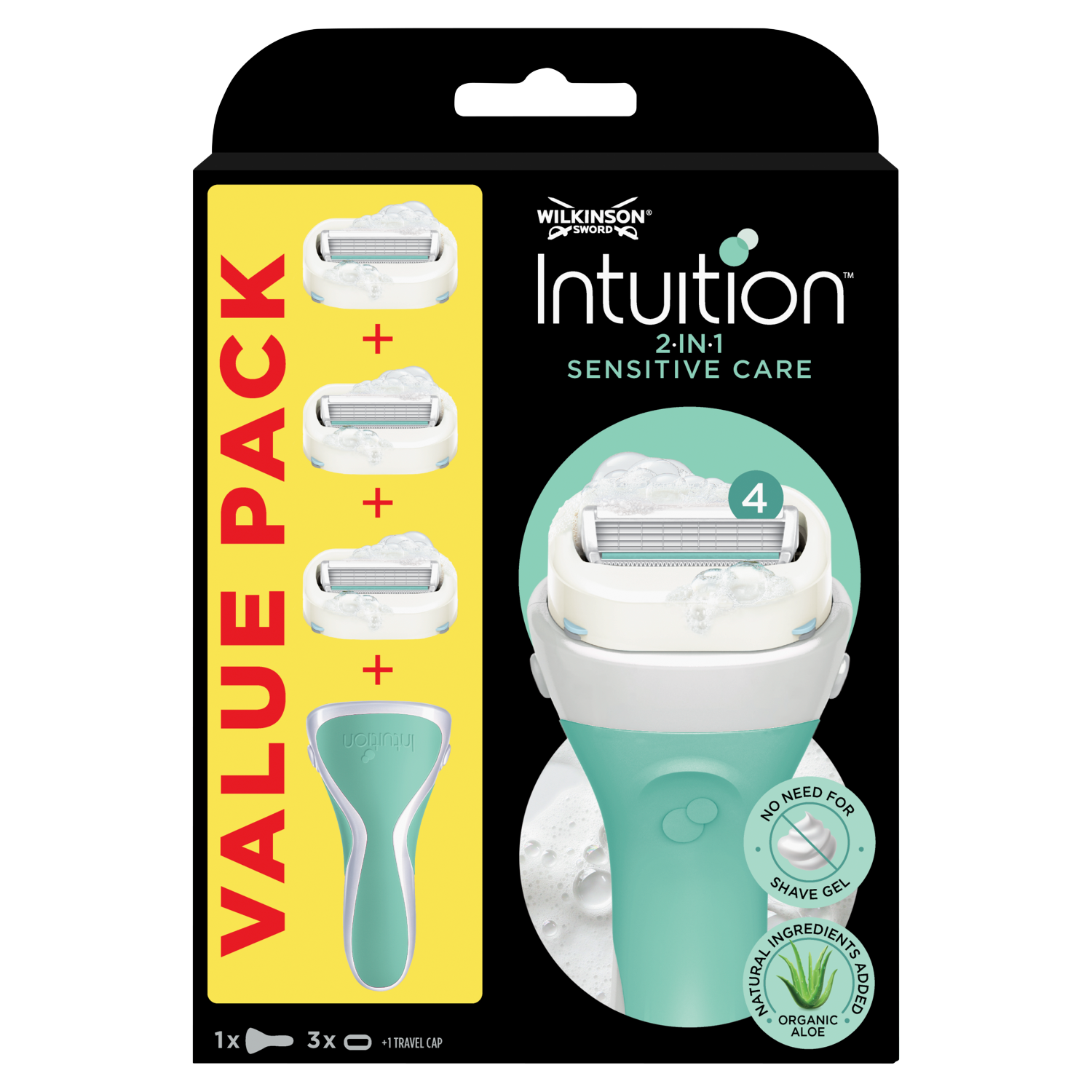 Wilkinson Sword Intuition Sensitive Care maszynka do golenia z wymiennymi ostrzami dla kobiet, rączka + 3 wkłady