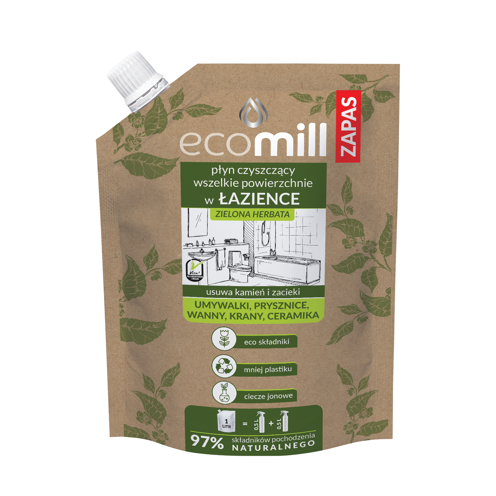 EKOMILL płyn czyszczący do łazienki zapas, zielona herbata, 1 l