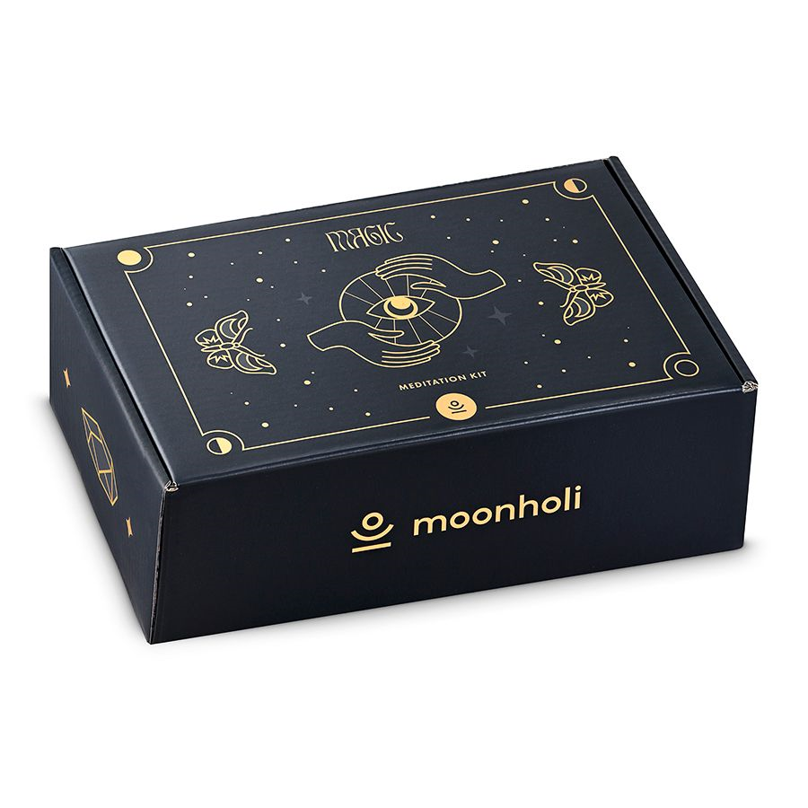 Moonholi Magic zestaw do rytuałów: palo santo, 1 opak. + yerba santa, 1 opak. + tęczowy kamień księżycowy, 1 szt. + świeca piżmo i paczula, 60 ml