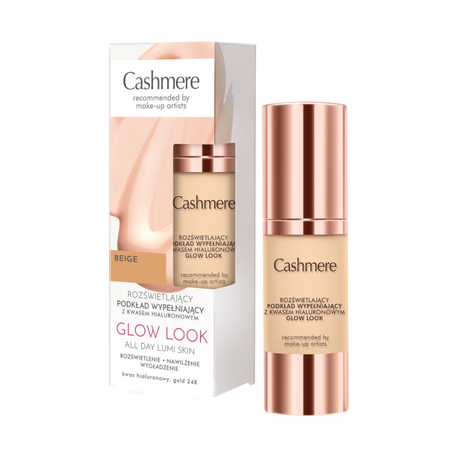 Cashmere Glow Look rozświetlający podkład do twarzy wypełniający z kwasem hialuronowym Beige, 30 ml