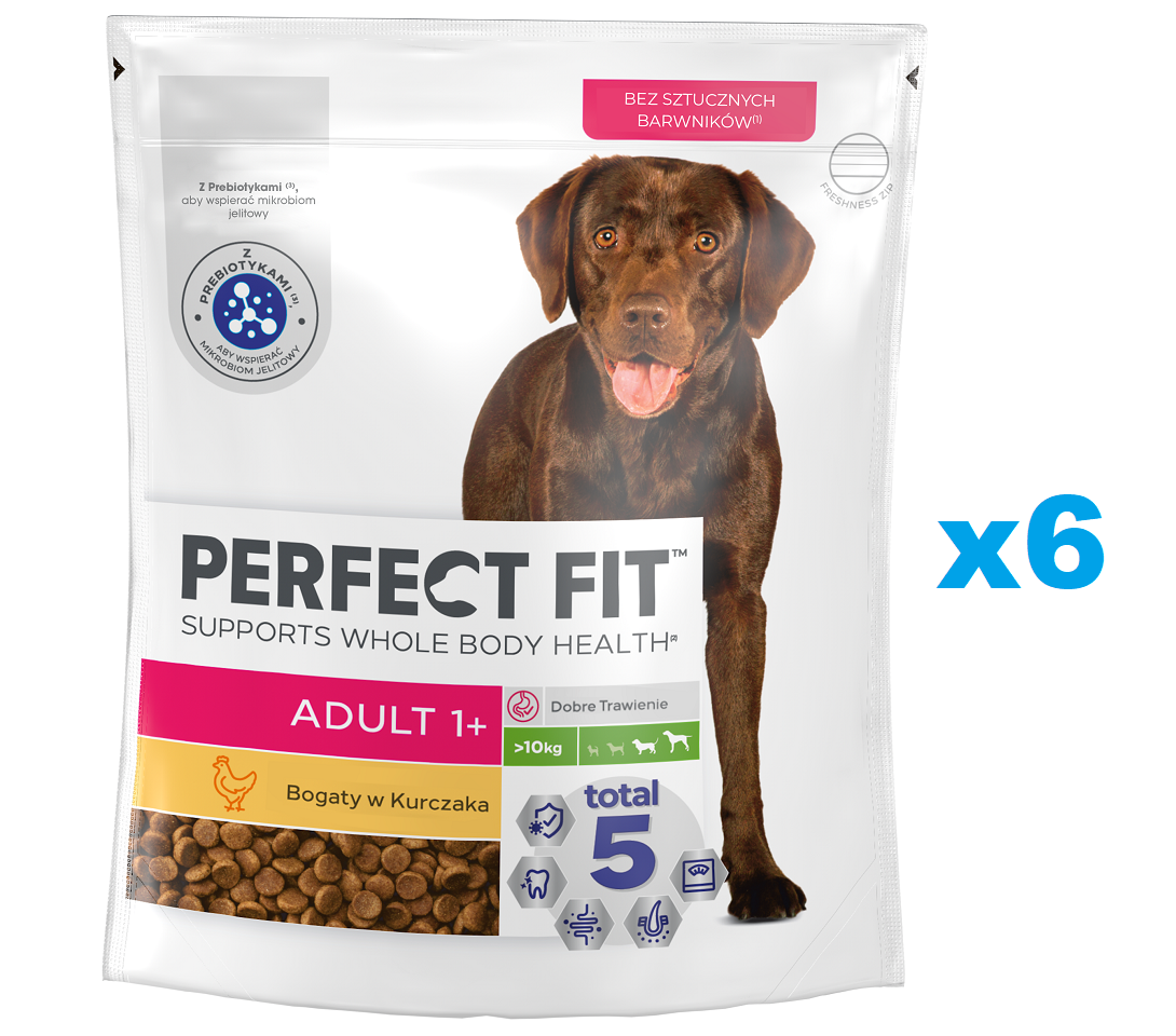 PERFECT FIT Adult 1+ sucha karma pełnoporcjowa dla dorosłych psów dużych ras bogata w kurczaka 6x825 g