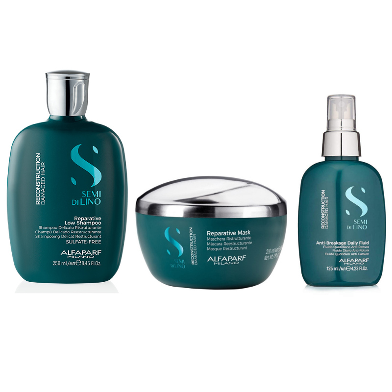 Alfaparf Semi Di Lino Reconstruction Reparative zestaw regenerujący do włosów: szampon, 250 ml + maska, 200 ml + fluid zapobiegający łamaniu, 125 ml