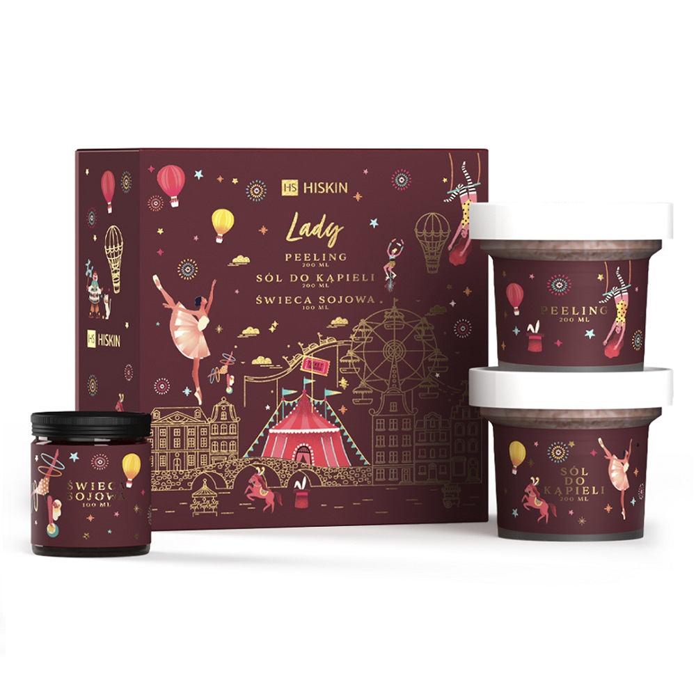 HiSkin Lady zestaw: peeling do ciała, 200 ml + sól do kąpieli, 200 ml + świeca sojowa, 100 ml