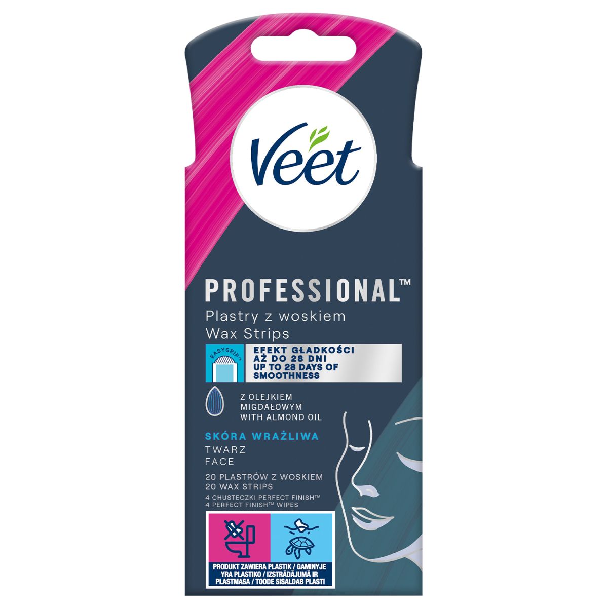 Veet plastry z woskiem do depilacji twarzy, 20 szt. + chusteczki, 2 szt./1 opak.