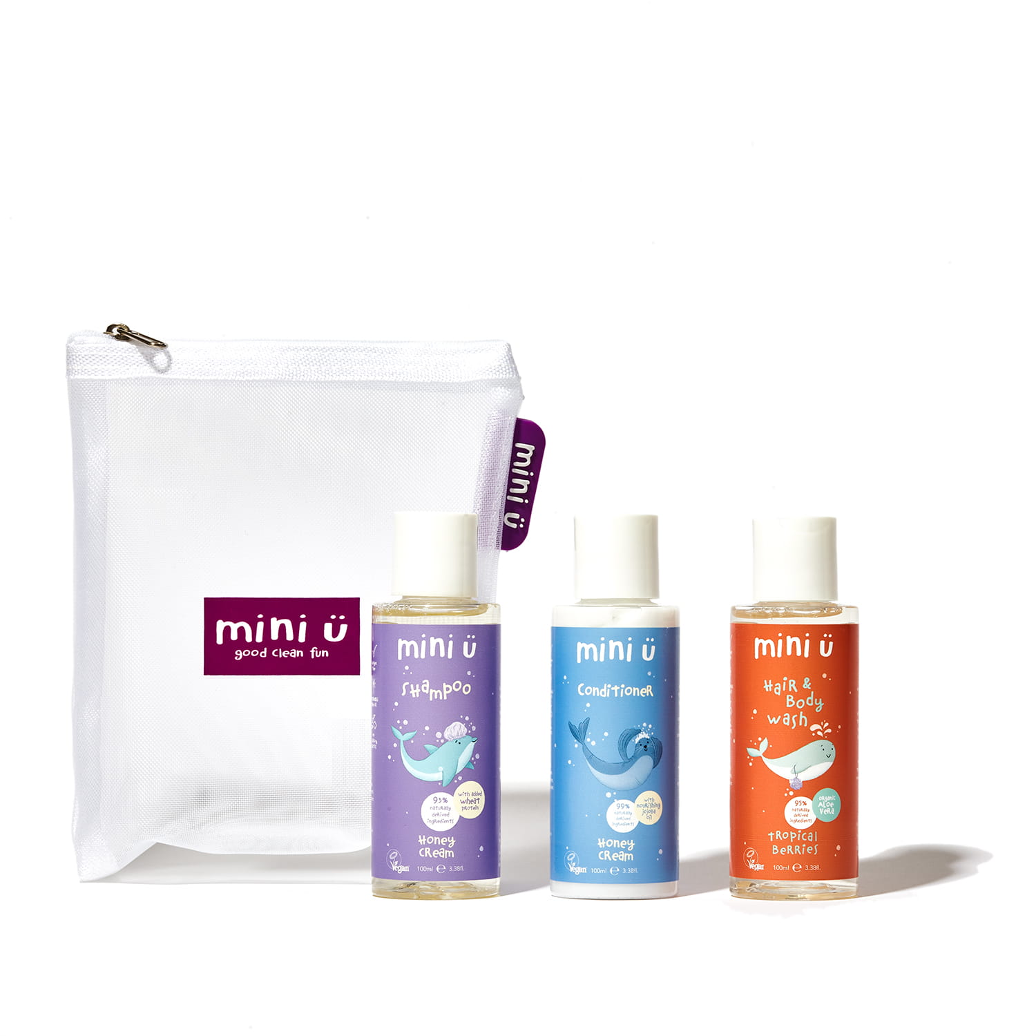 Mini U podróżny zestaw kosmetyków: szampon, 100 ml + odżywka, 100 ml + żel do ciała i włosów, 100 ml + kosmetyczka, 1 szt.
