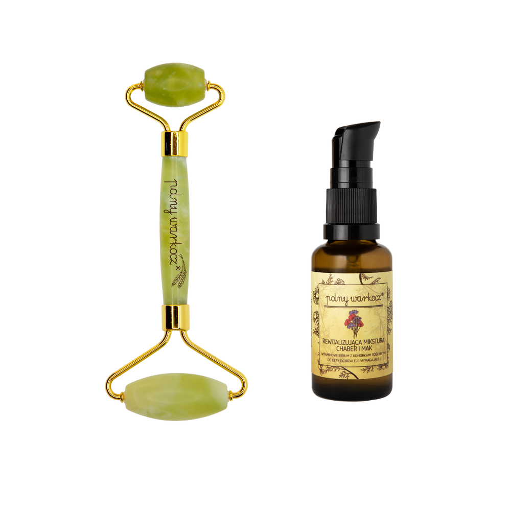 Polny Warkocz zestaw: witaminowe serum z komórkami roślinnymi, 30 ml + roller do masażu twarzy z jadeitu, 1 szt.