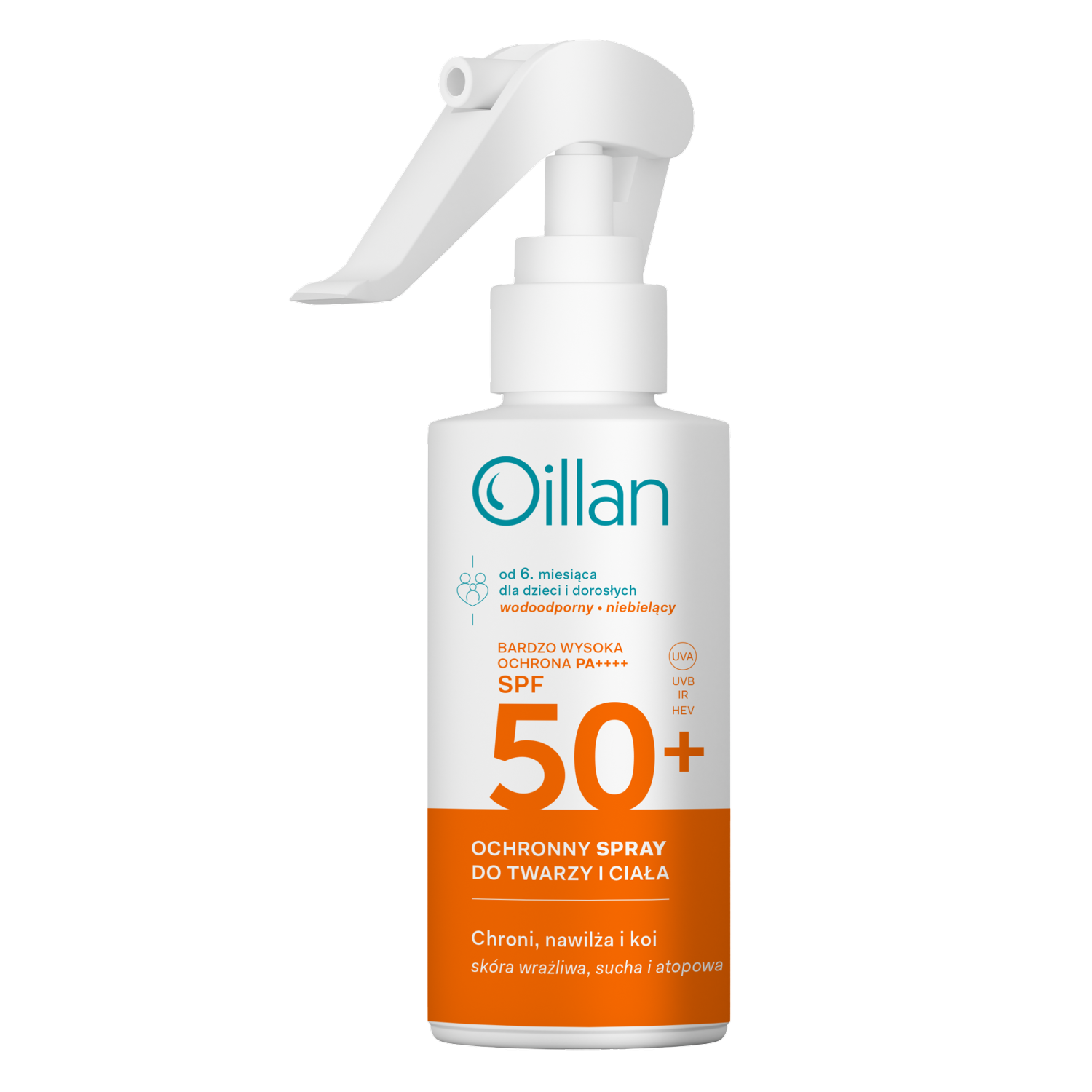 Oillan Sun ochronny spray przeciwsłoneczny z SPF50 do twarzy i ciała dla skóry wrażliwej, 125 ml