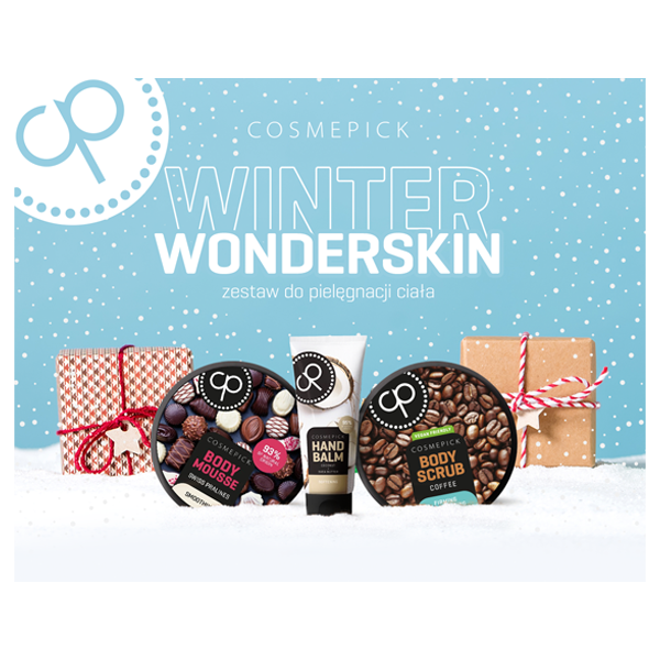 Cosmepick Winter Wonderskin zestaw: nawilżający, aksamitny mus do ciała o zapachu pralinek, 200 ml + cukrowy peeling ujędrniający do ciała o zapach...