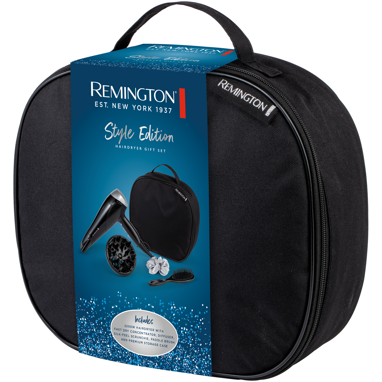 Remington Style Edition D3171GP zestaw prezentowy: suszarka, 1 szt. + szczotka do włosów, 1 szt. + satynowa gumka do włosów, 1 szt. + torba do prze...