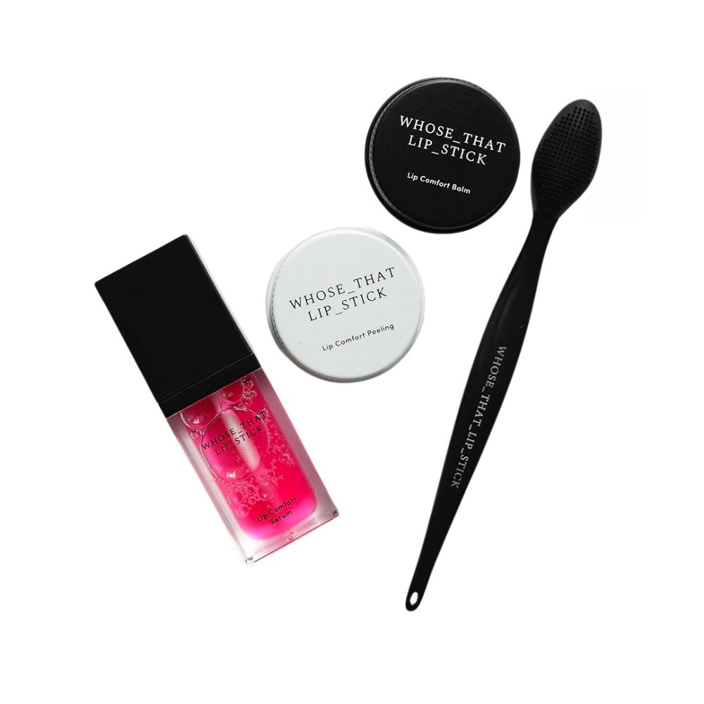 Whose That Lip Stick Lip Comfort Set zestaw: dwustronny masażer do ust, 1 szt. + peeling do ust, 15 ml + balsam do ust, 15 ml + serum do ust, 7 ml