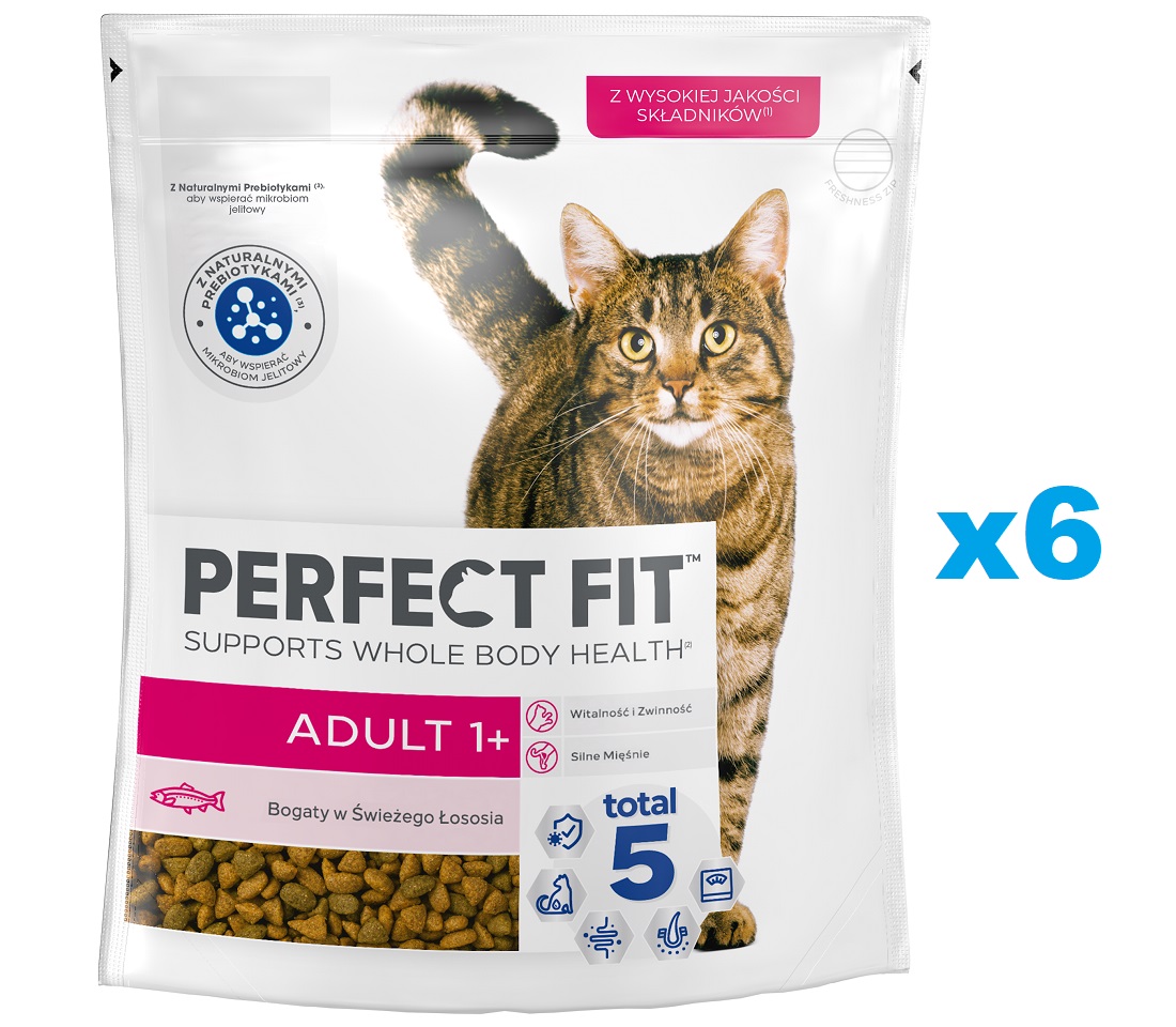 PERFECT FIT Adult 1+ 6x750 g sucha karma pełnoporcjowa dla dorosłych kotów bogata w świeżego łososia