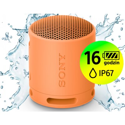 Głośnik mobilny SONY SRS-XB100 Bateria 16 godz. IP67, Sound Diffusion Procesor, Aplikacja Sony Music Center, Pomarańczowy