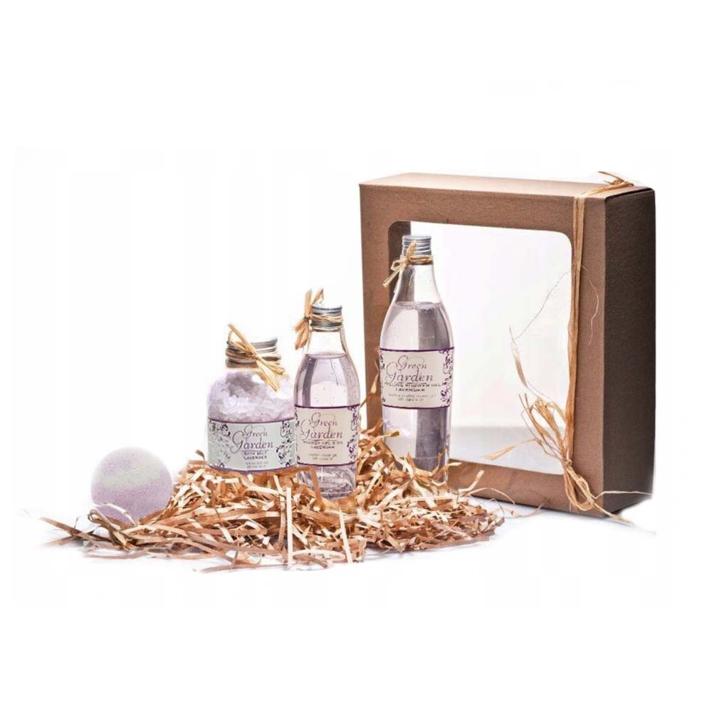 Green Garden Lavender zestaw: żel pod prysznic, 250 ml + płyn do kąpieli, 400 ml + kula do kąpieli, 100 g + sól do kąpieli Lawenda, 600 g