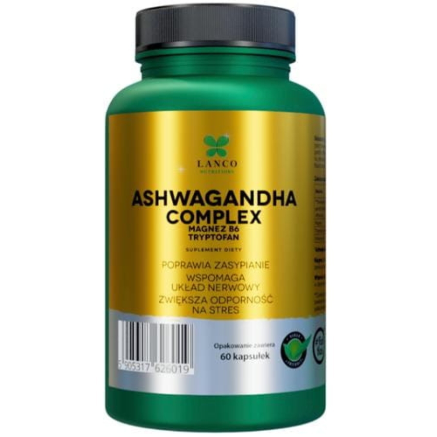 Lanco Nutritions Ashwagandha Complex Premium suplement diety na stres i odporność z magnezem, B6 i tryptofanem 200mg, 60 kaps./1 opak.