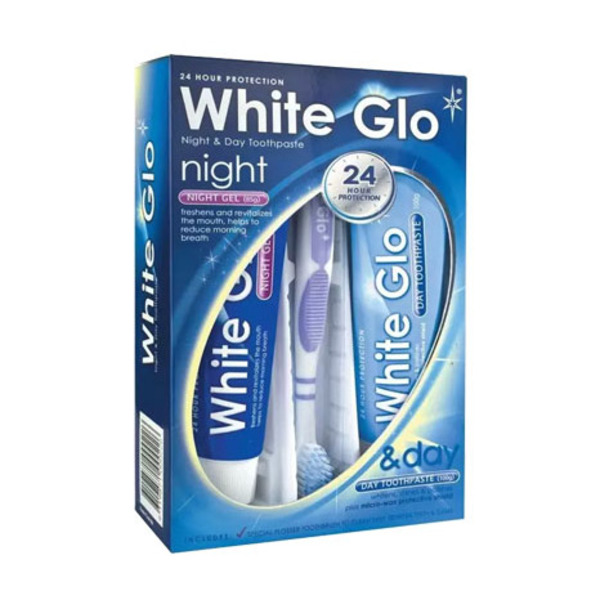 White Glo Night & Day Whitening Toothpaste zestaw: pasta do mycia zębów, 65 ml + żel do zębów na noc, 65 ml + szczoteczka do zębów, 1 szt.