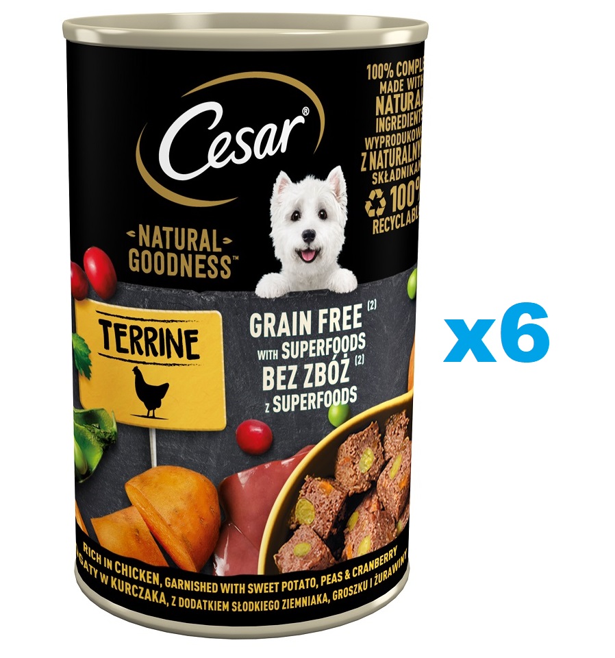 CESAR Natural Goodness w terynie 6x400g bogata w kurczaka z dodatkiem słodkich ziemniaków, groszku i żurawiny