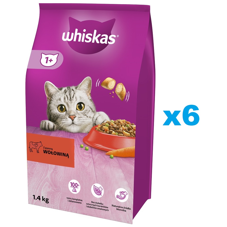 WHISKAS Adult 6x1,4 kg sucha karma pełnoporcjowa dla dorosłych kotów z pyszną wołowiną