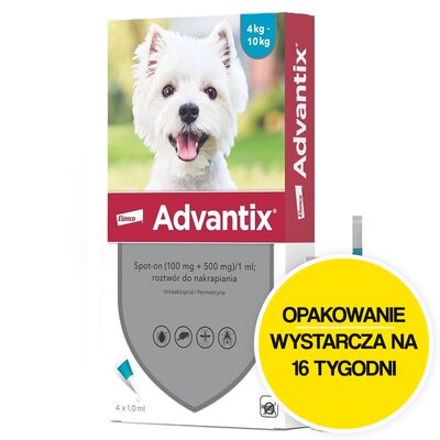 Krople na pchły i kleszcze ADVANTIX Spot-on Małe psy (4-10 kg) 4 x 1 ml Ochrona przez 16 tygodni