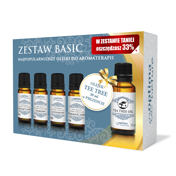 Optima Natura zestaw najpopularniejszych olejków eterycznych Basic: eukaliptusowy, 10 ml + lawendowy, 10 ml + sosnowy, 10 ml + pomarańczowy, 10 ml ...