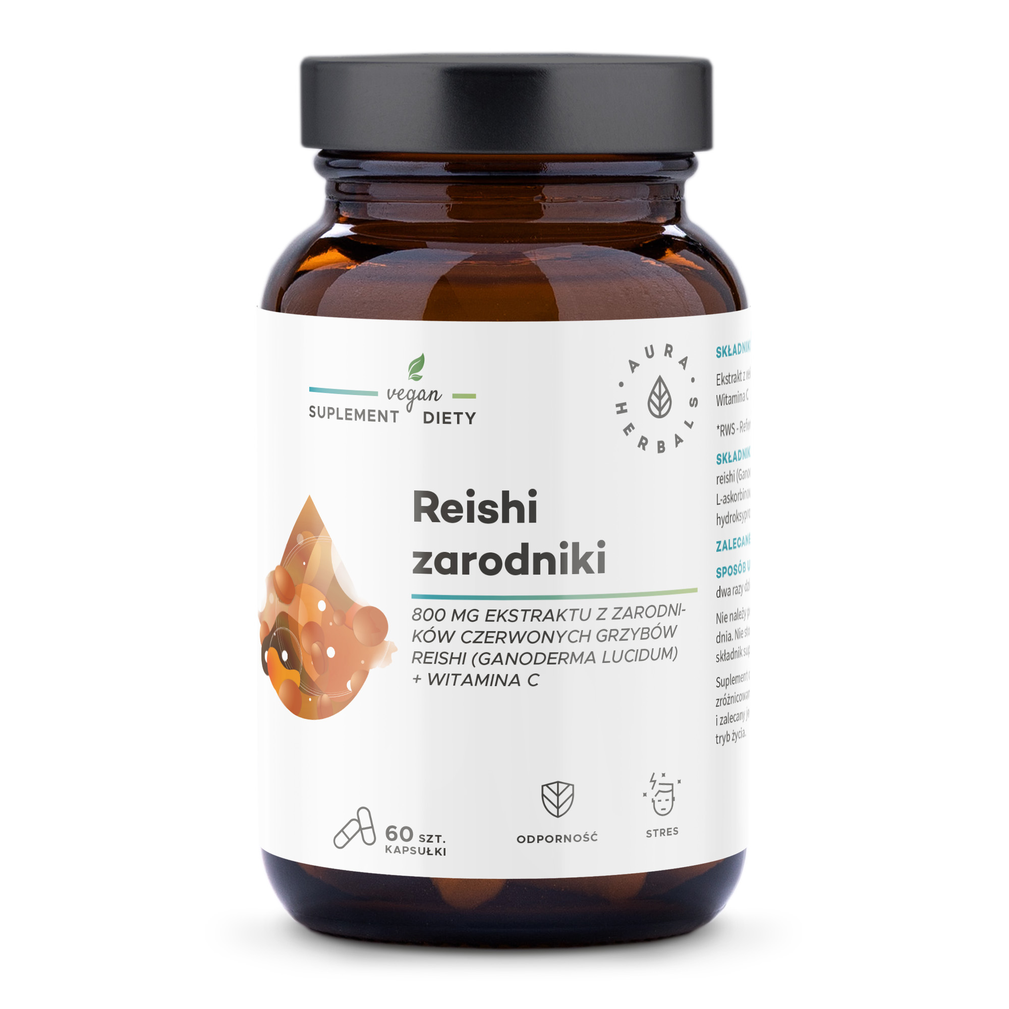 Aura Herbals suplement diety Reishi zarodniki 800 mg + witamina C, 60 kaps./1 opak.