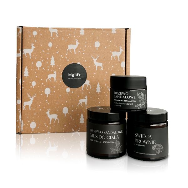 Mglife zestaw: świeca brownie, 120 ml + dezodorant drzewo sandałowe, 50 ml + mus do ciała drzewo sandałowe, 120 ml