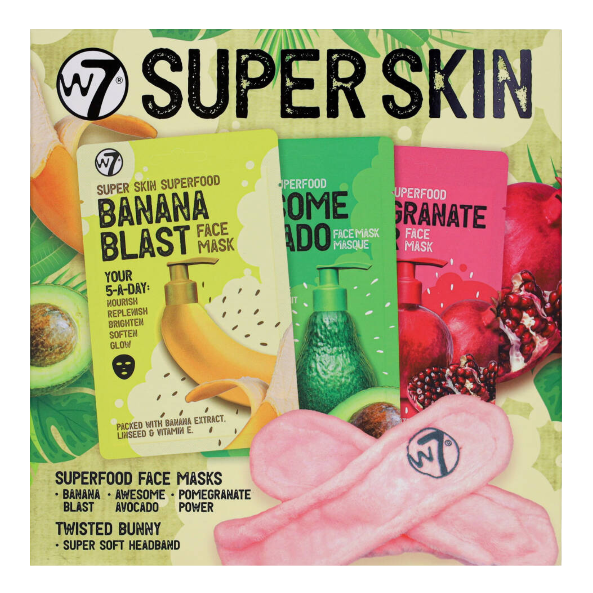 W7 Super Skin zestaw: maseczki do twarzy, 3 szt. + opaska na włosy, 1 szt.