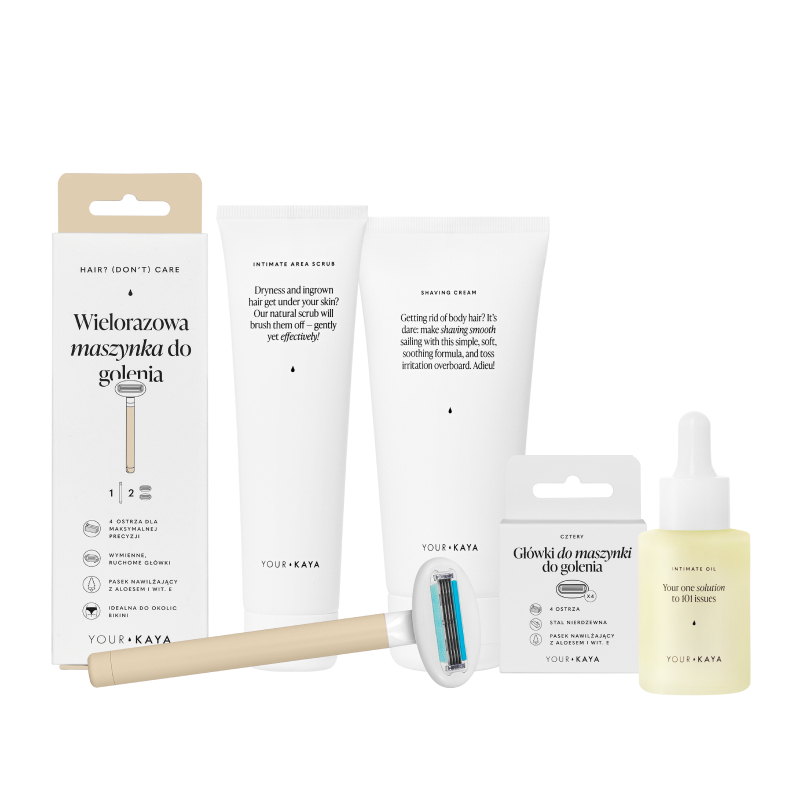 Your Kaya zestaw kompleksowa rutyna golenia ciała: maszynka, 1 szt. + wymienne ostrza, 6 szt. + peeling do okolic intymnych, 100 ml + olejek intymn...