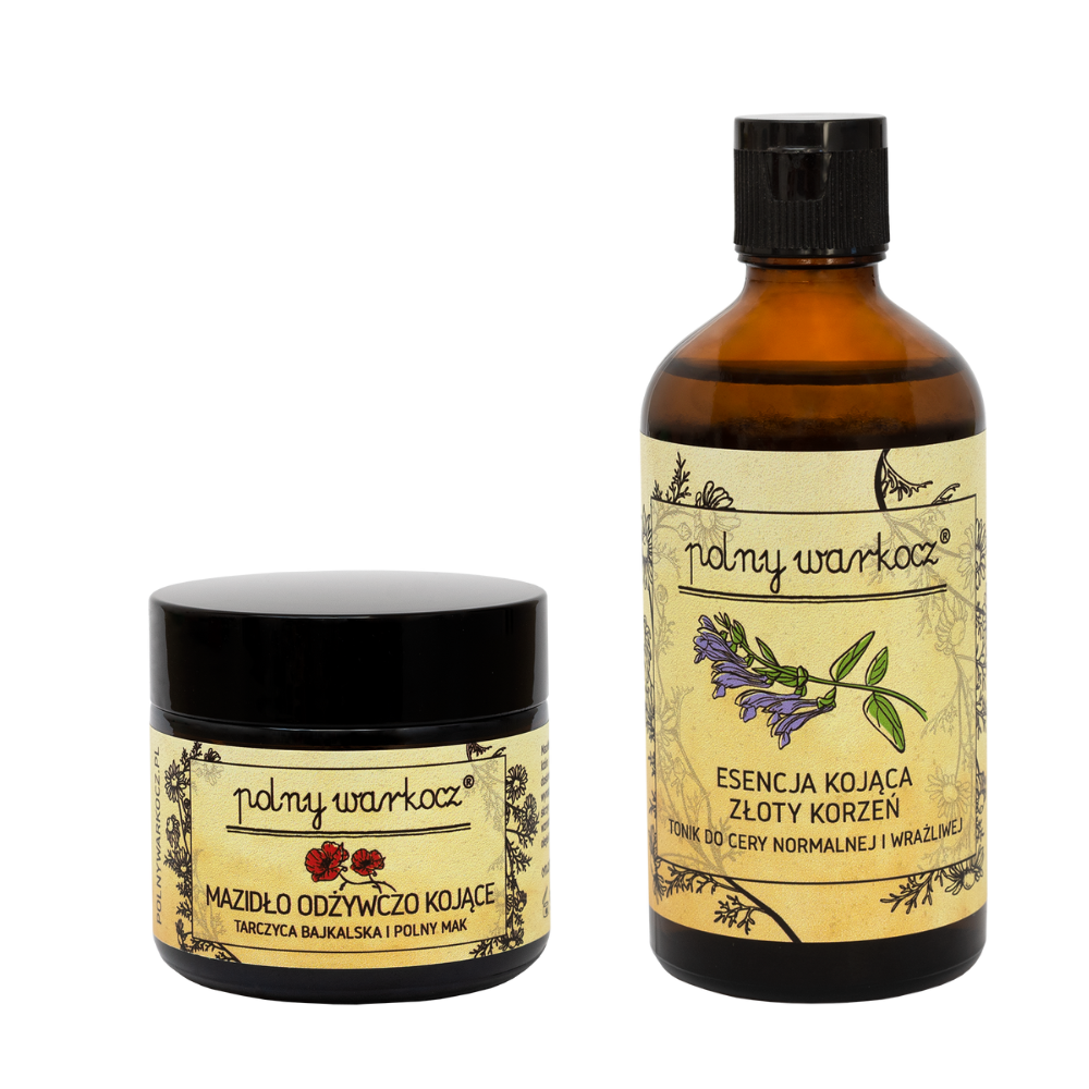 Polny Warkocz zestaw: odżywczy krem kojący do twarzy z tarczycą bajkalską i polnym makiem, 50 ml + esencja-tonik do cery normalnej i wrażliwej, 100...