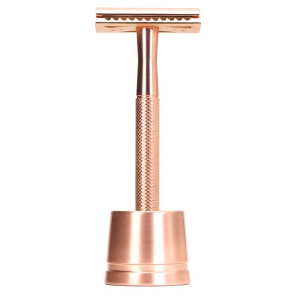 Bambaw zestaw: metalowa maszynka do golenia na żyletki, 1 szt. + stojak rosegold, 1 szt.