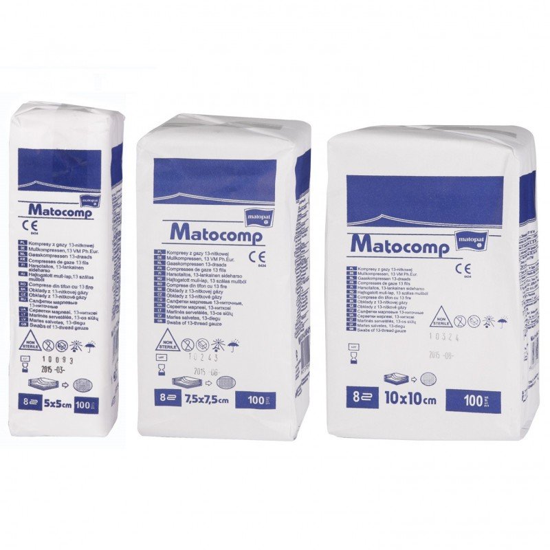 Matocomp, kompresy gazowe, niejałowe, 17-nitkowe, 8-warstwowe, 5 cm x 5 cm, 100 sztuk