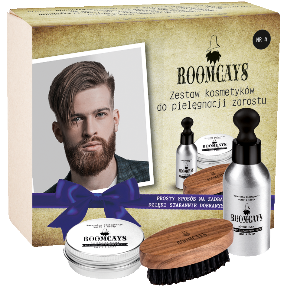 Roomcays NO.4 zestaw: nawilżający balsam do brody i wąsów, 30 ml + olejek do pielęgnacji brody, 50 ml + kartacz, 1 szt.