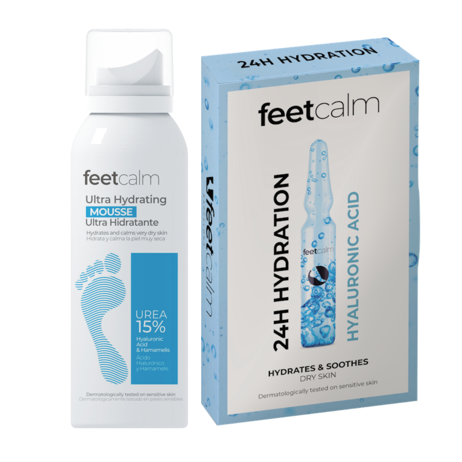 FeetCalm zestaw do pielęgnacji stóp: ampułki nawilżające do stóp z kwasem hialuronowym, 7x2 ml + pianka ultranawilżająca do stóp 15% mocznik, 75 ml