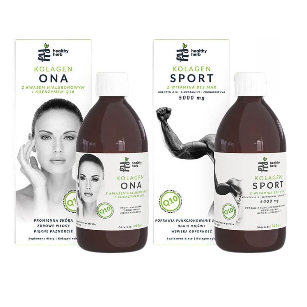 Healthy Herb Ona + Sport suplement diety zestaw: kolagen 1000mg z koenzymem Q10 dla kobiet, 500 ml + kolagen 5000mg dla osób aktywnych fizycznie, 5...