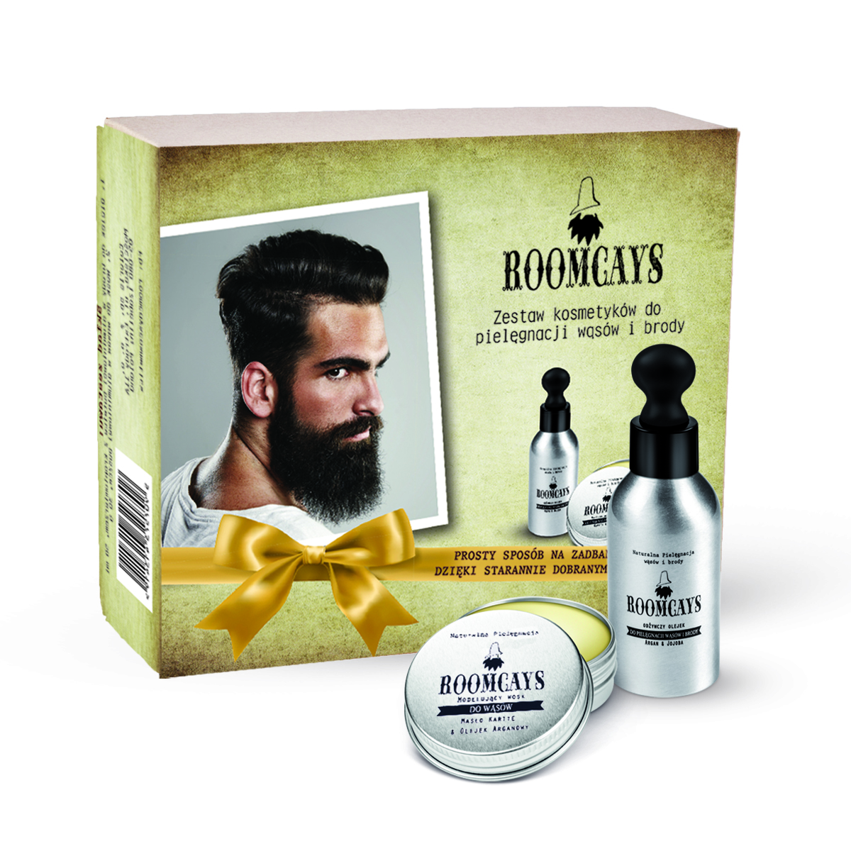 Roomcays NO.2  zestaw: odżywczy olejek do pielęgnacji brody oparty na olejku arganowym z masłem shea, 1 szt. + wosk modelujący do wąsów i brody z m...