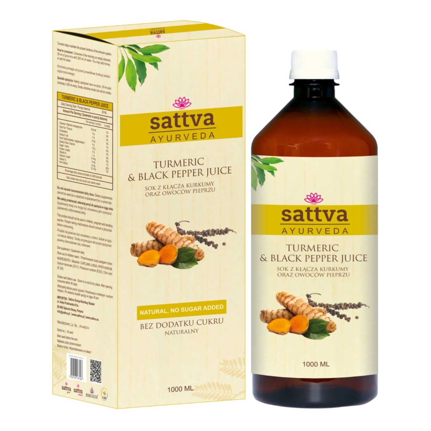 Sattva Ayurveda sok z kłącza kurkumy oraz owoców pieprzu, 1000 ml