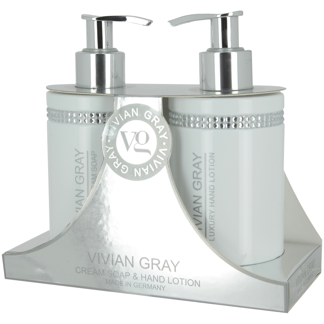 Vivian Gray White Crystal zestaw: mydło w płynie, 250 ml + balsam do rąk, 250 ml