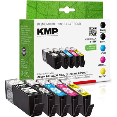 Zestaw tuszów KMP do Canon PGI-580 XL / CLI-581 XL Czarny 25.7 ml, Czarny Foto 9.8 ml, Błękitny 11.7 ml, Purpurowy 11.7 ml, Żółty 11.7 ml 1576,0255