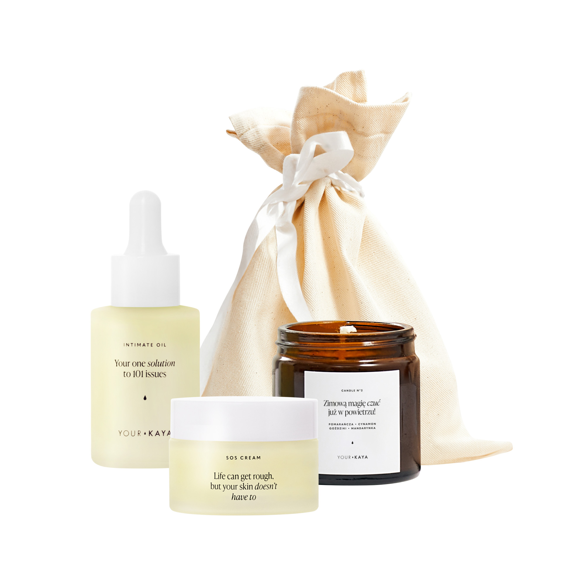 Your Kaya zestaw: olejek intymny, 30 ml + krem sos, 30 ml + świeca, 60 ml + worek, 1 szt.