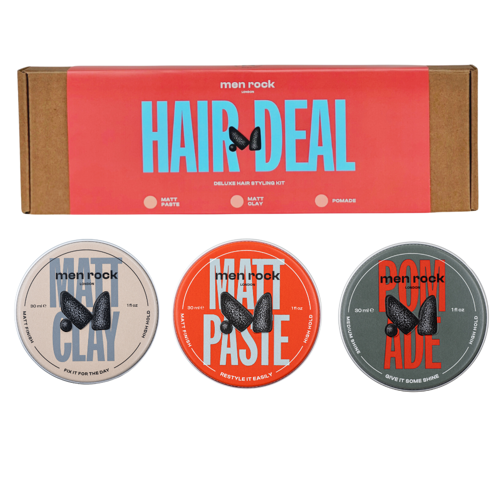 Men Rock Hair Deal zestaw upominkowy do stylizacji włosów: matowa pasta do włosów, 30 ml + pomada, 30 ml + matowa glinka do włosów, 30 ml