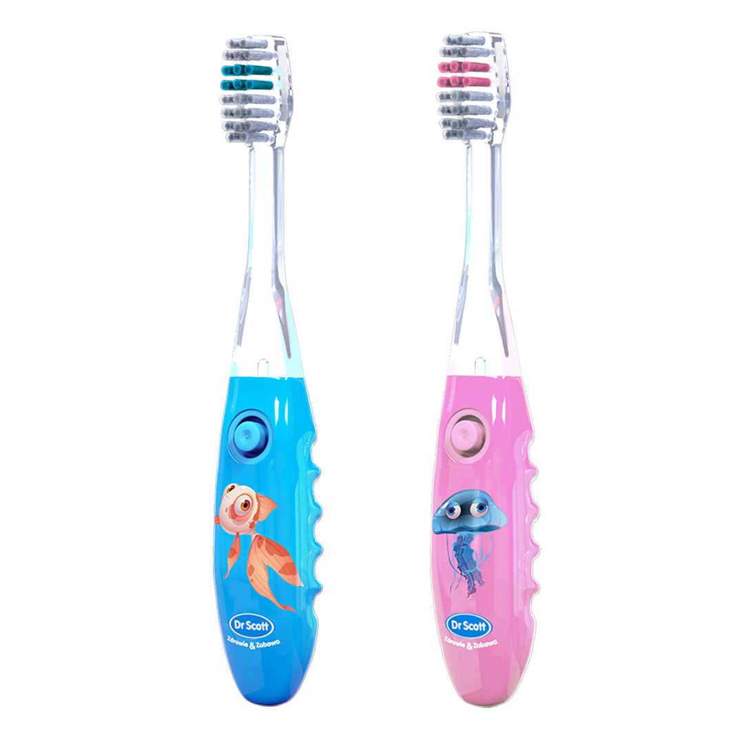 Dr Scott zestaw: szczoteczka do zębów dla dzieci z minutnikiem niebieska, 1 szt. +  szczoteczka do zębów dla dzieci z minutnikiem różowa, 1 szt.
