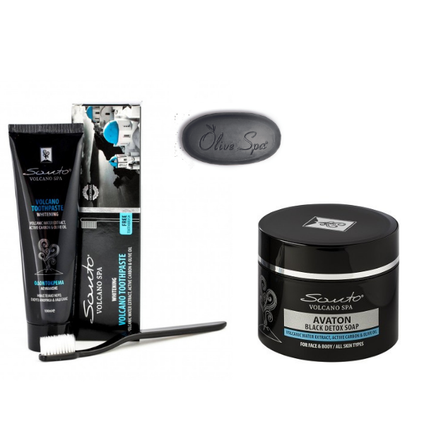 Santo Volcano Spa zestaw dla mężczyzny: oczyszczające mydło do ciała avaton, 100 ml + czarna wybielająca pasta do mycia zębów, 100 ml + czarne mini...