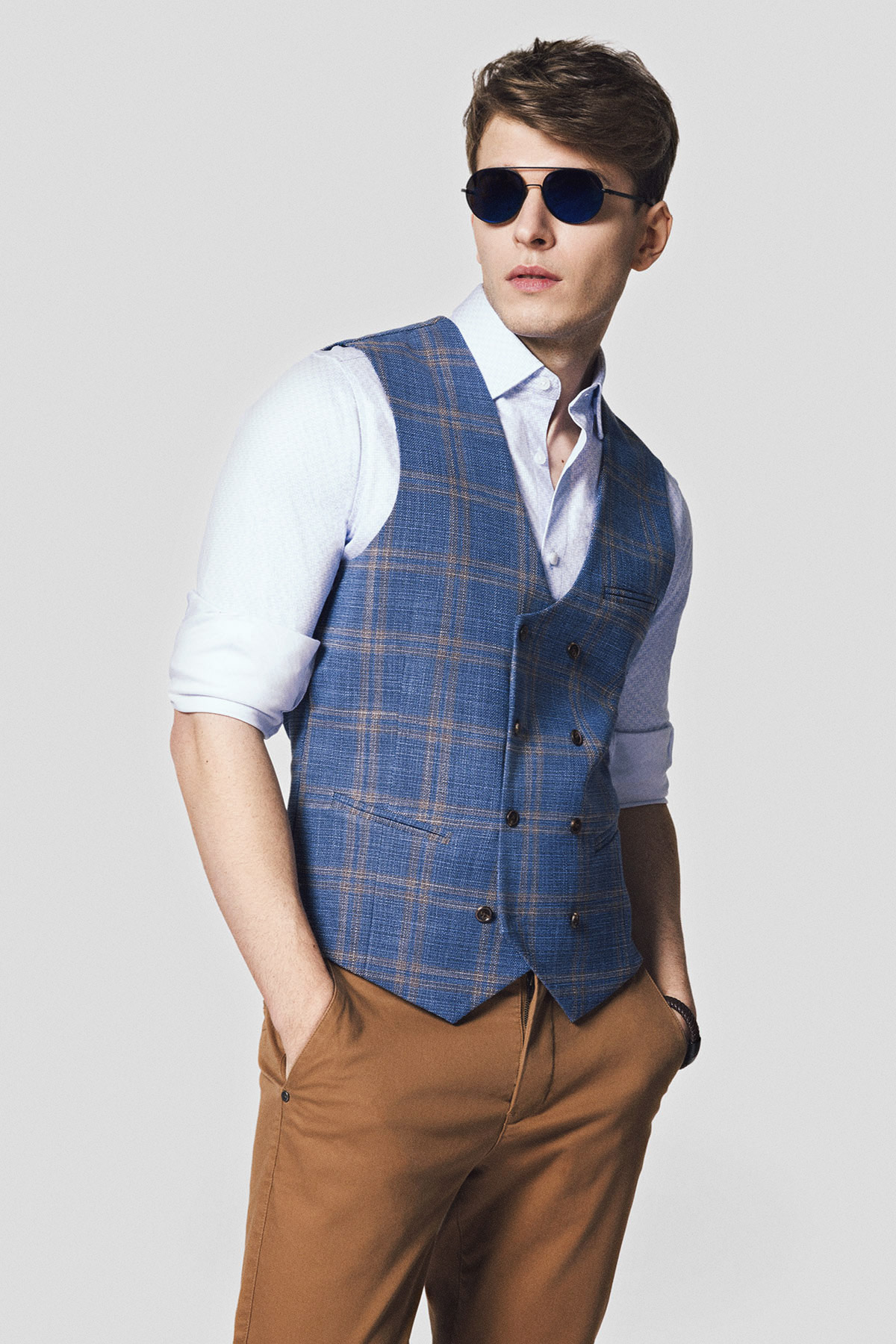 Lancerto Kamizelka Dwurzędowa Niebieska w Kratę Tartan Ardon