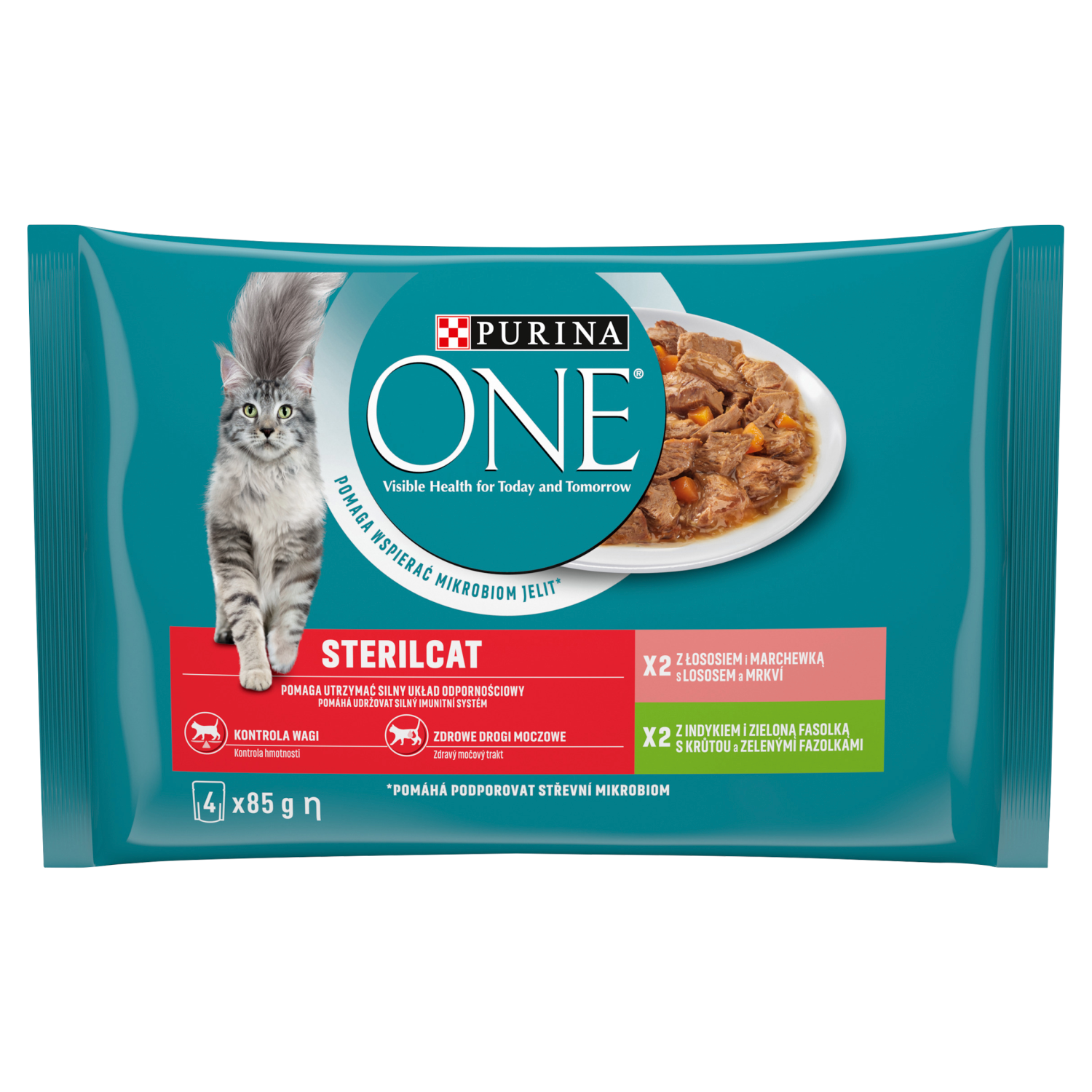 Purina ONE Sterilcat saszetki z łososiem i marchewką, z indykiem i zieloną fasolką dla kotów, 4x85 g